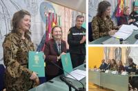 Nuria González, rectora de la Universidad de León,  Amparo Valcarce, secretaria de Estado de Defensa; teniente general jefe de la Unidad Militar de Emergencias, Francisco Javier Marcos; delegado del  Gobierno, Nicanor Sen; alcalde de León, José Antonio Diez; Francisco Quereda consejero delegado de Isdefe